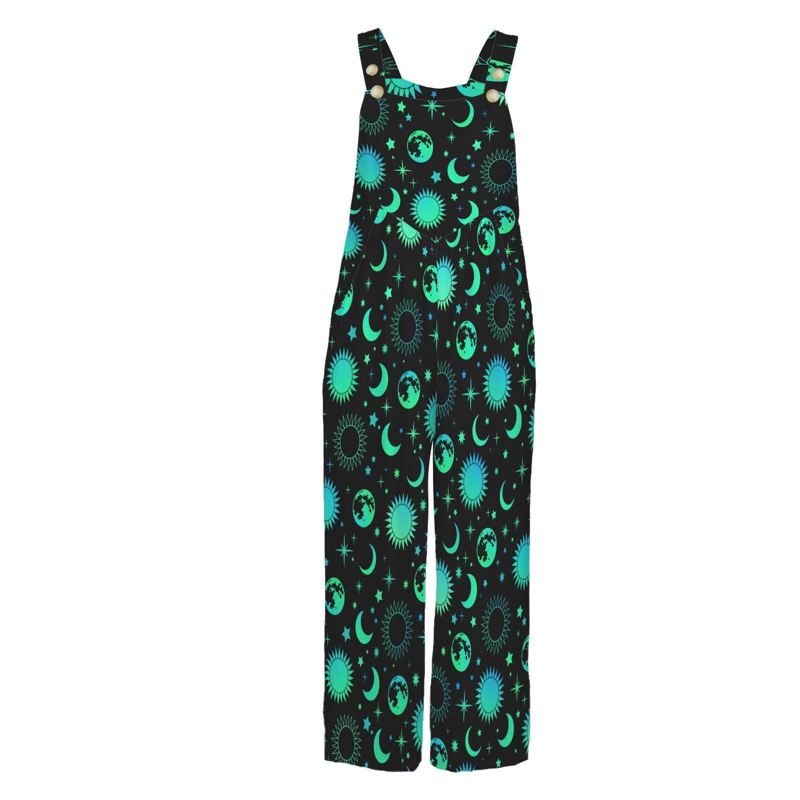 Celestial Wide Leg Jumpsuit, Black Moon Sun Print Overalls, Witchy Festival Wear