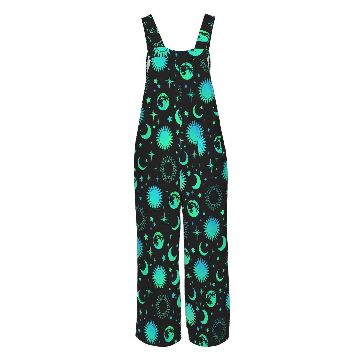 Celestial Wide Leg Jumpsuit, Black Moon Sun Print Overalls, Witchy Festival Wear