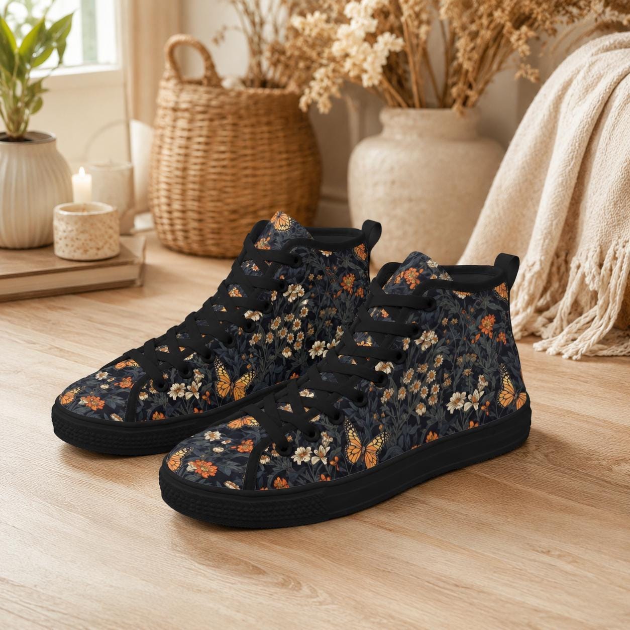 Butterfly Meadow Floral High Top Sneakers, Navy Cottagecore Canvas Shoes