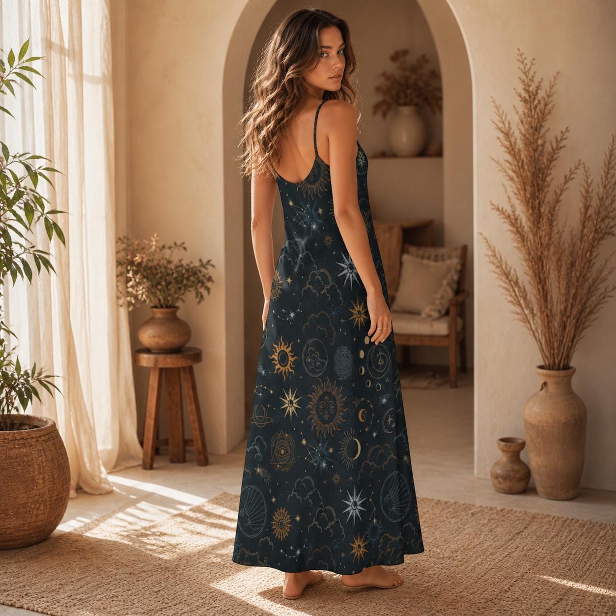 Celestial Sun Moon Dress, Black Astrology Maxi Dress, Starry Sky Spiritual Outfit