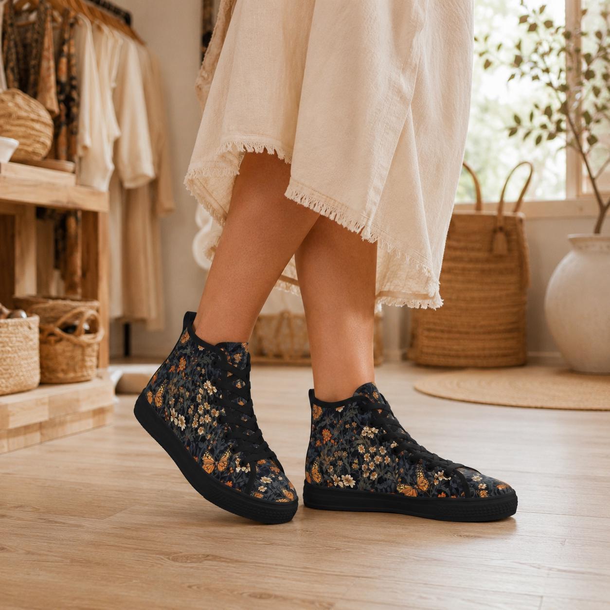 Butterfly Meadow Floral High Top Sneakers, Navy Cottagecore Canvas Shoes