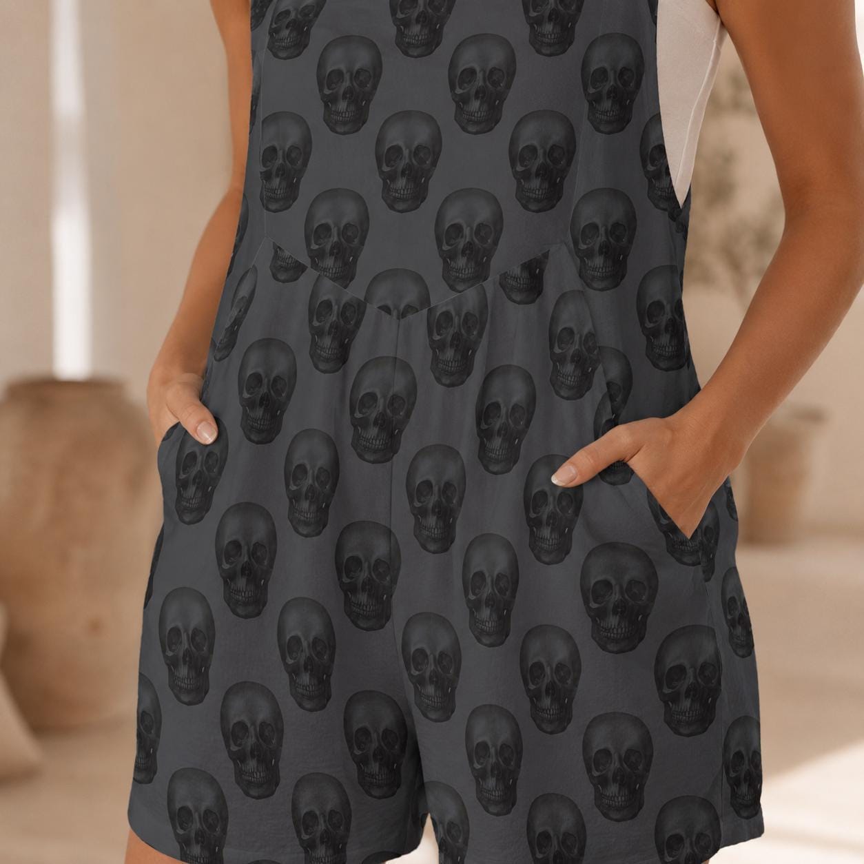 Gothic Skull Overall Romper, Dark Gray Sleeveless Jumpsuit, Alternative Summer Outfit