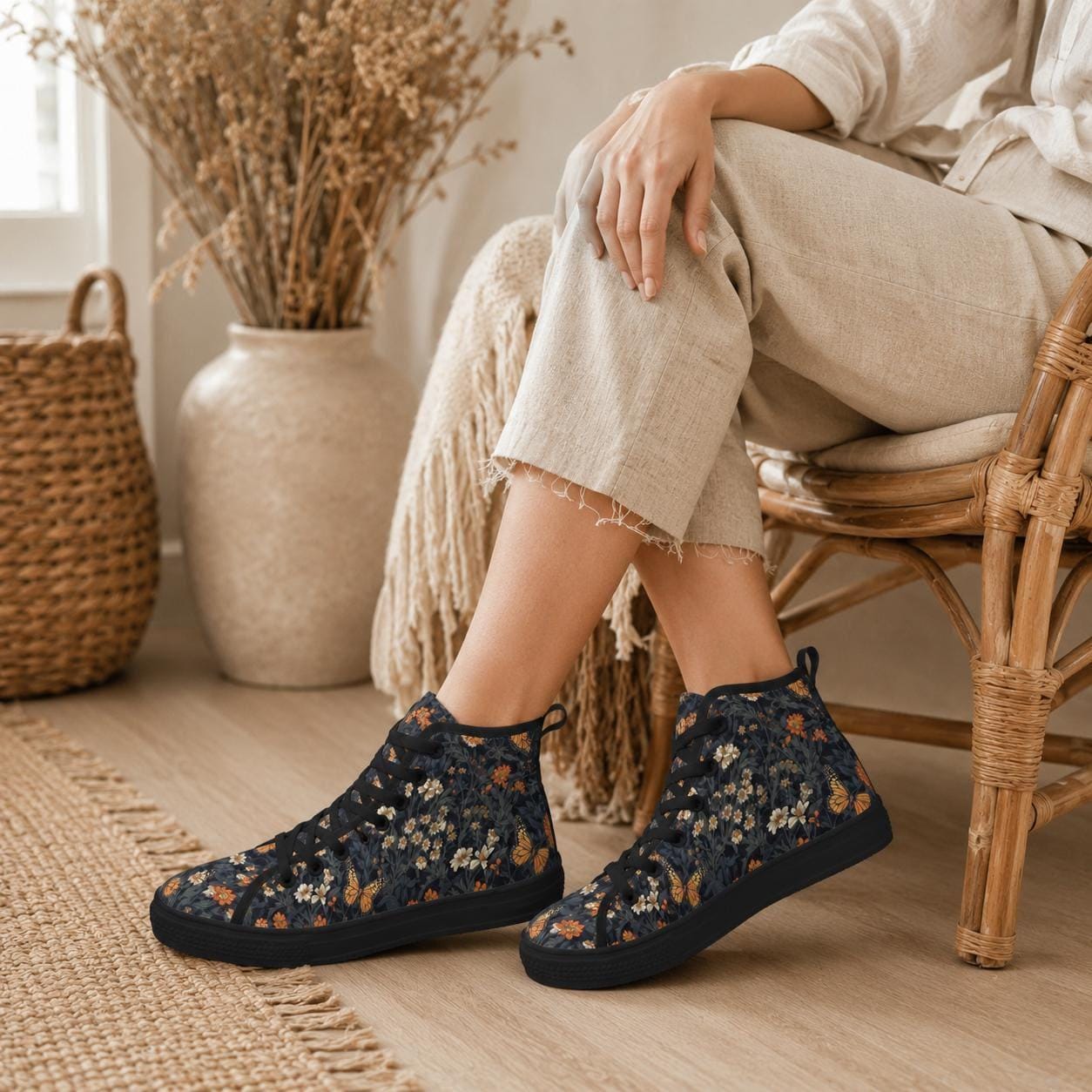 Butterfly Meadow Floral High Top Sneakers, Navy Cottagecore Canvas Shoes