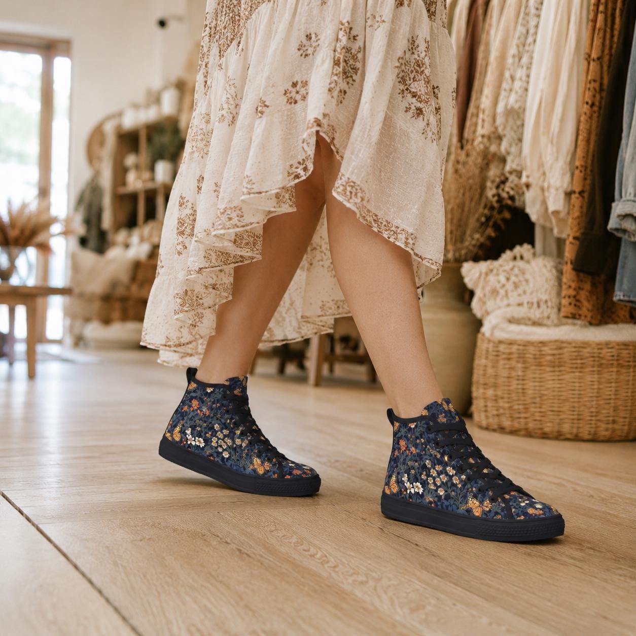 Butterfly Meadow Floral High Top Sneakers, Navy Cottagecore Canvas Shoes