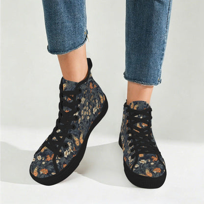 Butterfly Meadow Floral High Top Sneakers, Navy Cottagecore Canvas Shoes