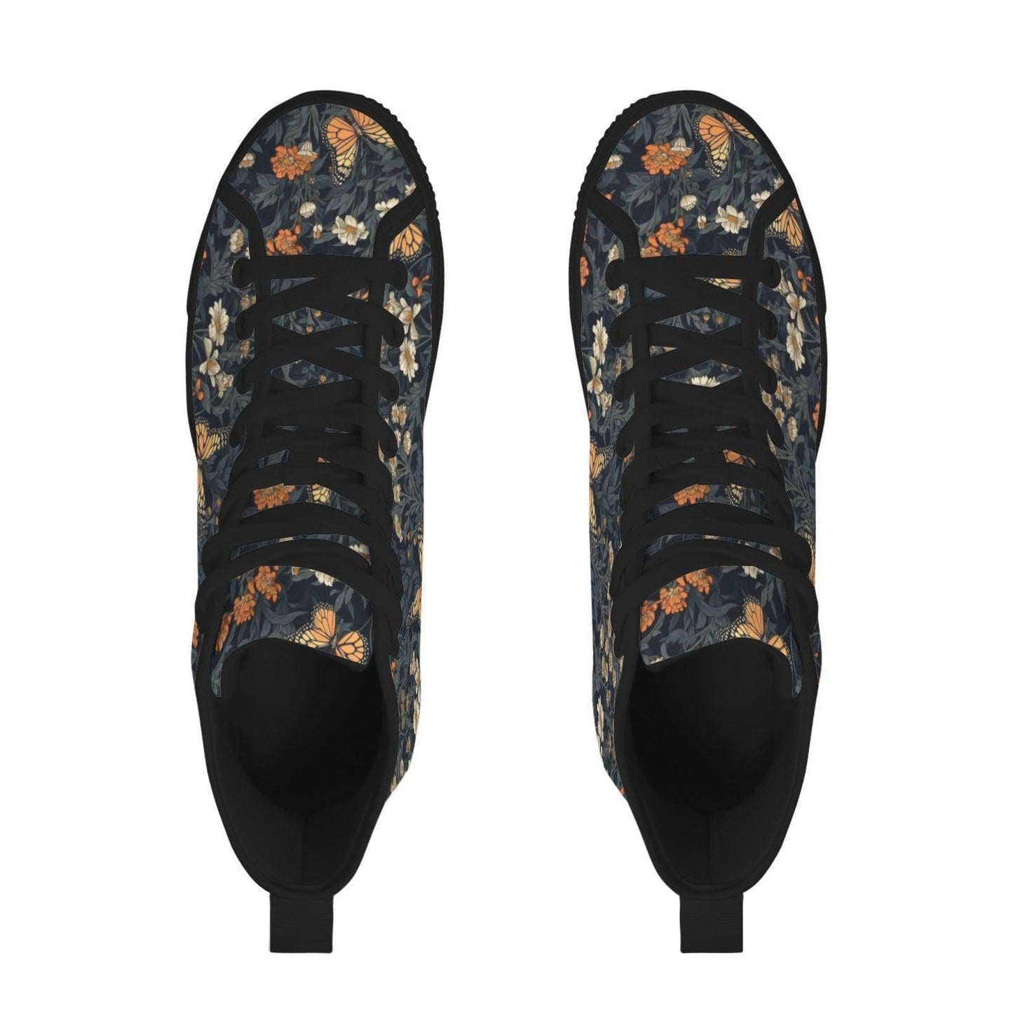 Butterfly Meadow Floral High Top Sneakers, Navy Cottagecore Canvas Shoes