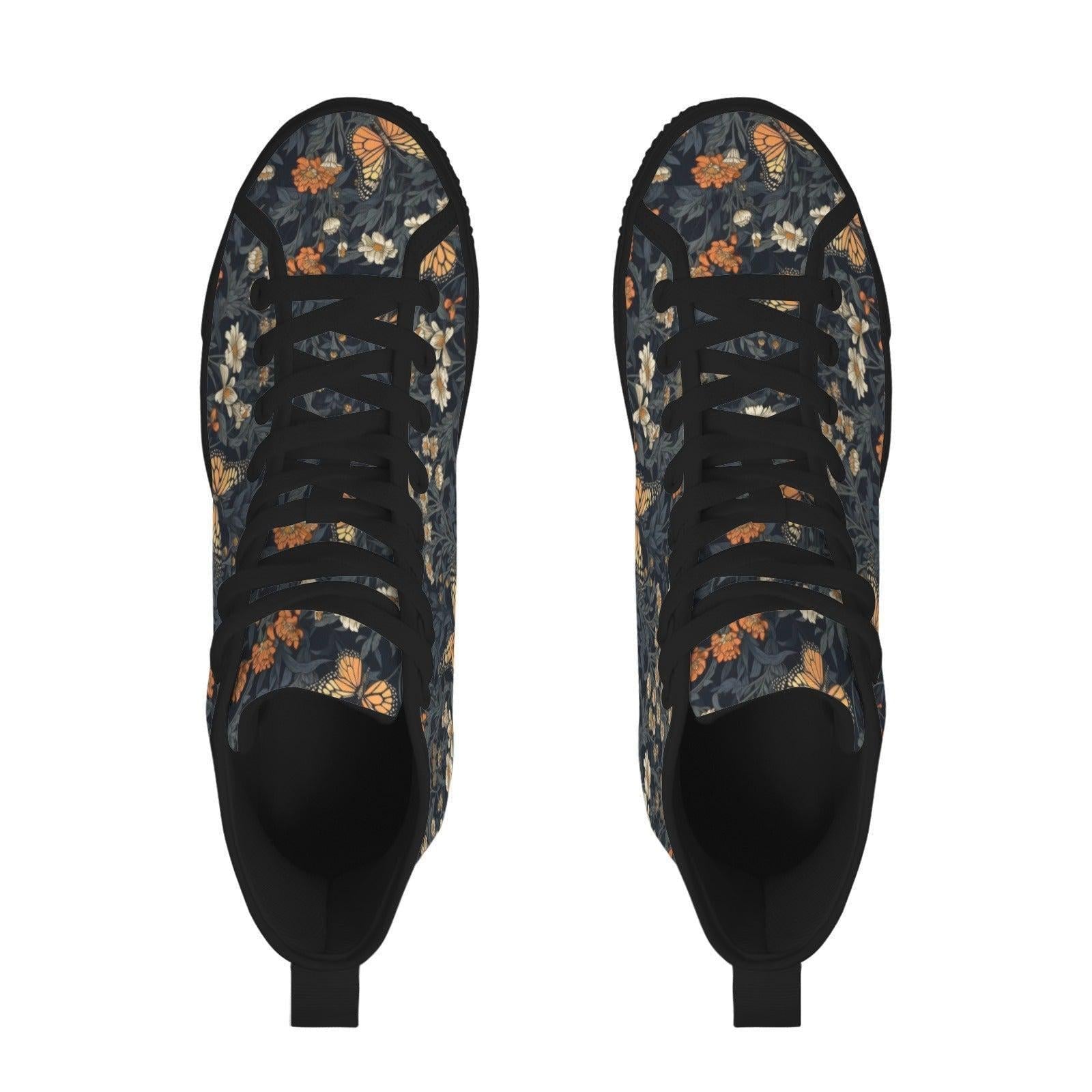 Butterfly Meadow Floral High Top Sneakers, Navy Cottagecore Canvas Shoes