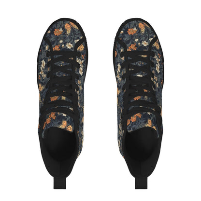 Butterfly Meadow Floral High Top Sneakers, Navy Cottagecore Canvas Shoes