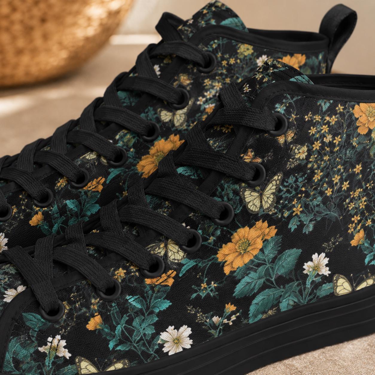 Dark Floral High Top Sneakers, Botanical Print Canvas Lace Up Shoes