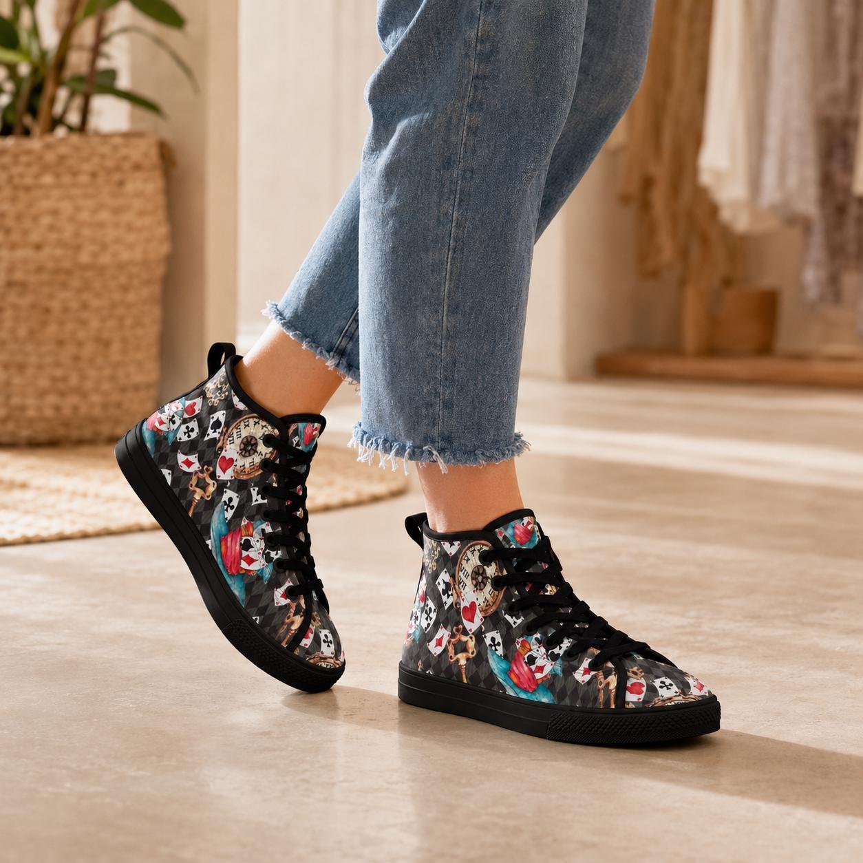 Playing Card High Top Sneakers, Wonderland Whimsical Canvas Shoes, Queen Hearts Lace Up