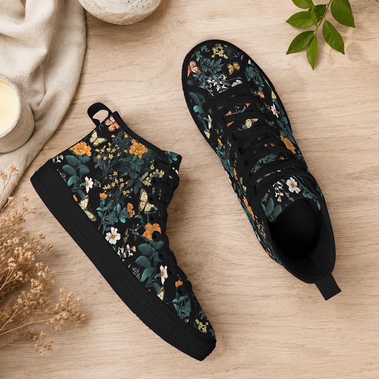 Dark Floral High Top Sneakers, Botanical Print Canvas Lace Up Shoes