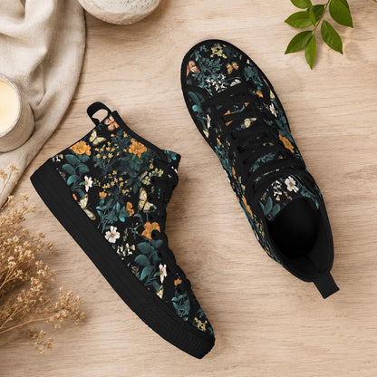 Dark Floral High Top Sneakers, Botanical Print Canvas Lace Up Shoes