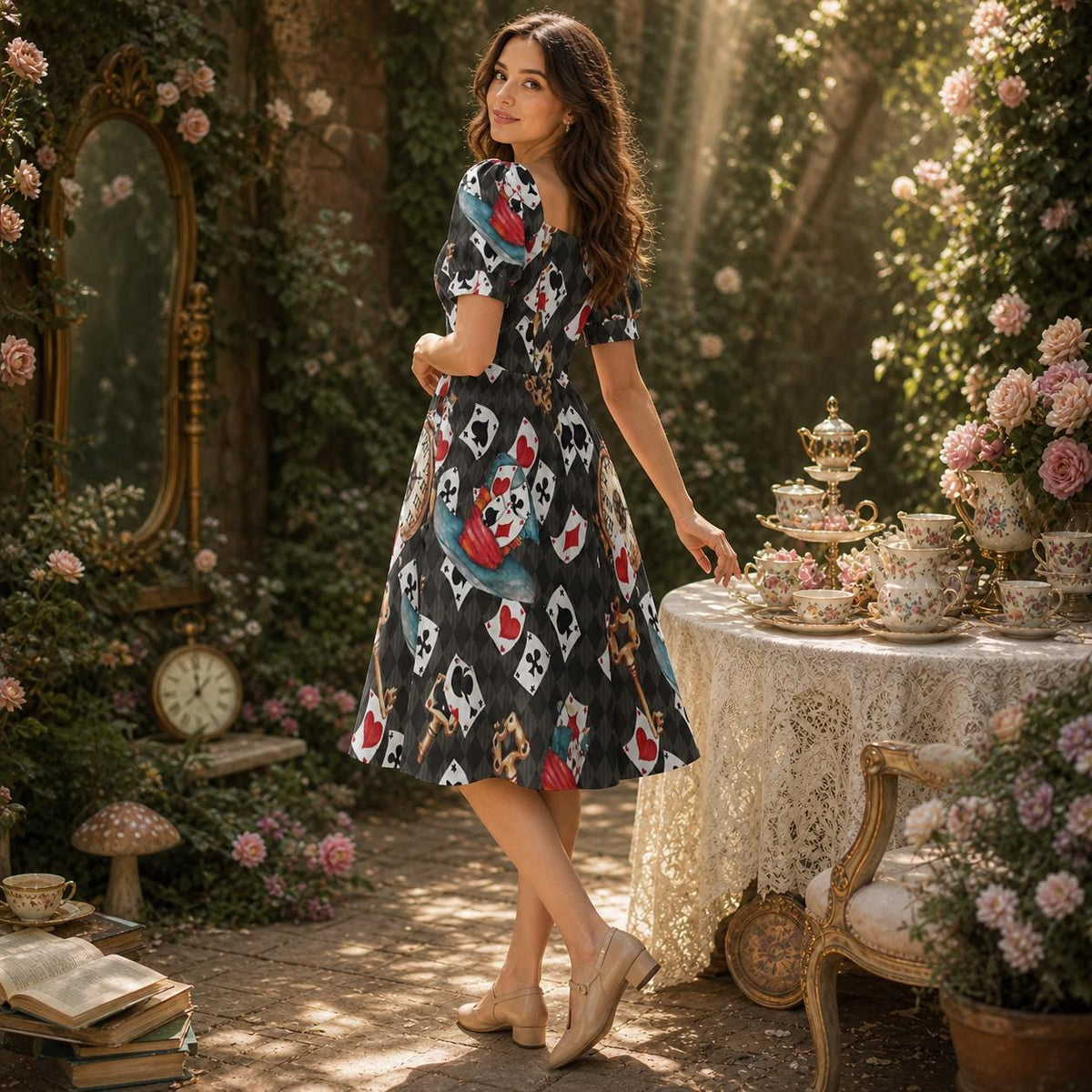 Wonderland Playing-Card Puff-Sleeve Mini Dress
