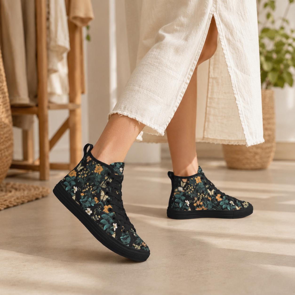 Dark Floral High Top Sneakers, Botanical Print Canvas Lace Up Shoes