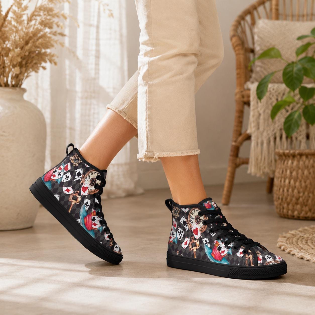 Playing Card High Top Sneakers, Wonderland Whimsical Canvas Shoes, Queen Hearts Lace Up