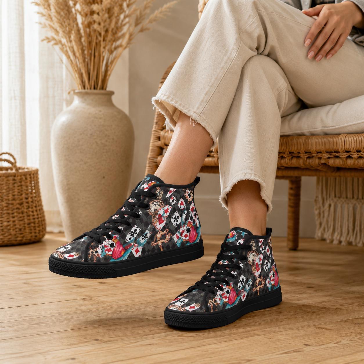 Playing Card High Top Sneakers, Wonderland Whimsical Canvas Shoes, Queen Hearts Lace Up