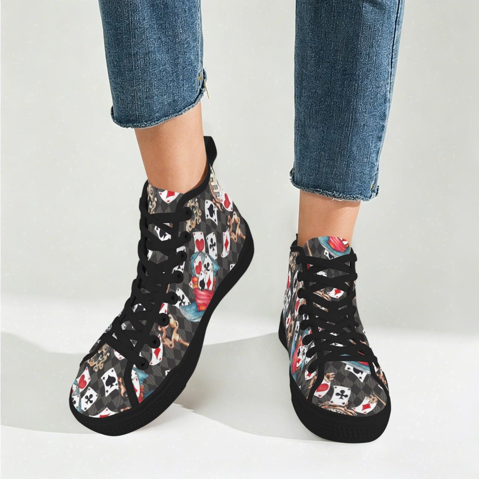Playing Card High Top Sneakers, Wonderland Whimsical Canvas Shoes, Queen Hearts Lace Up