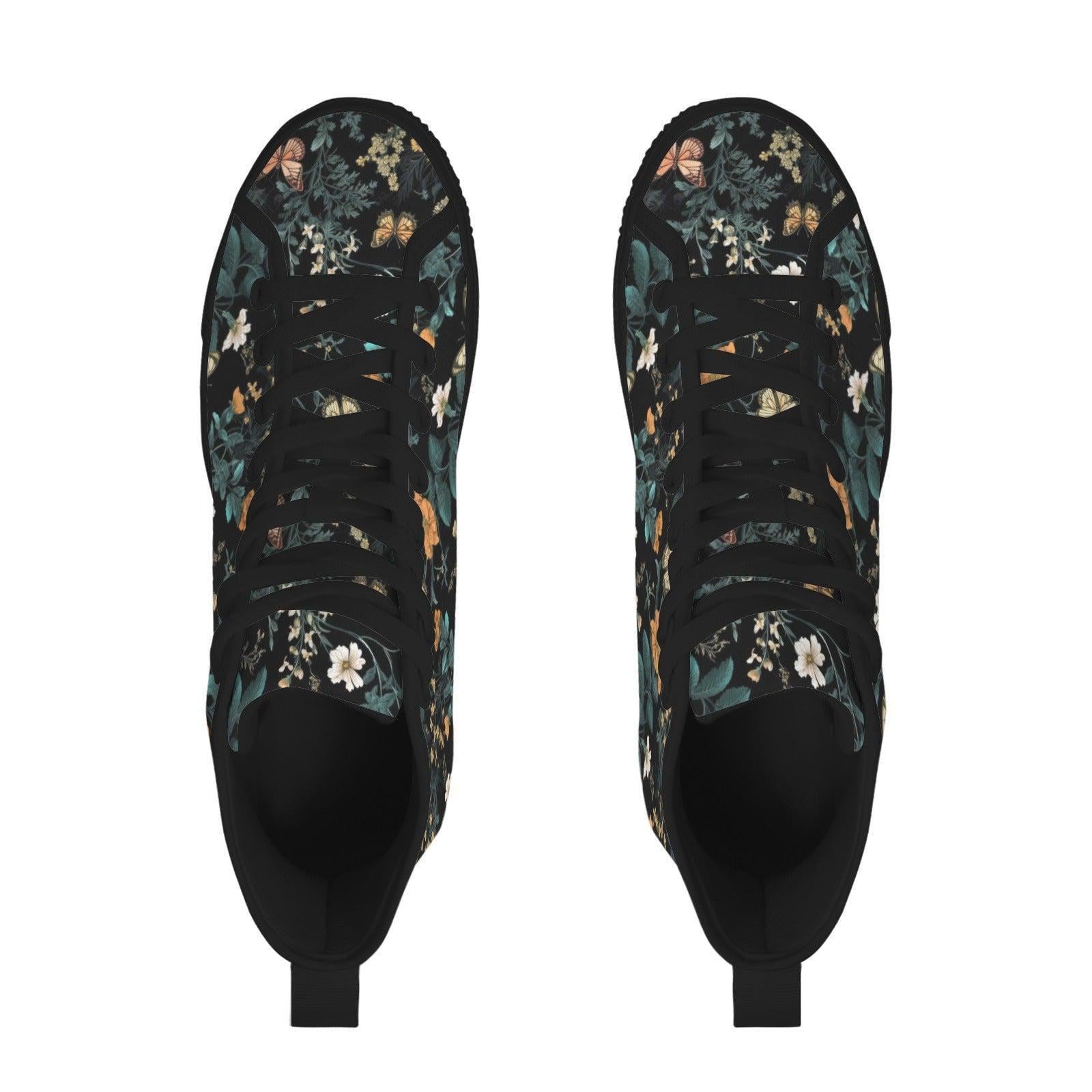 Dark Floral High Top Sneakers, Botanical Print Canvas Lace Up Shoes