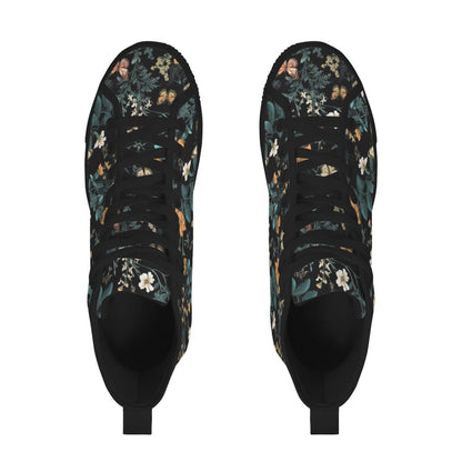 Dark Floral High Top Sneakers, Botanical Print Canvas Lace Up Shoes