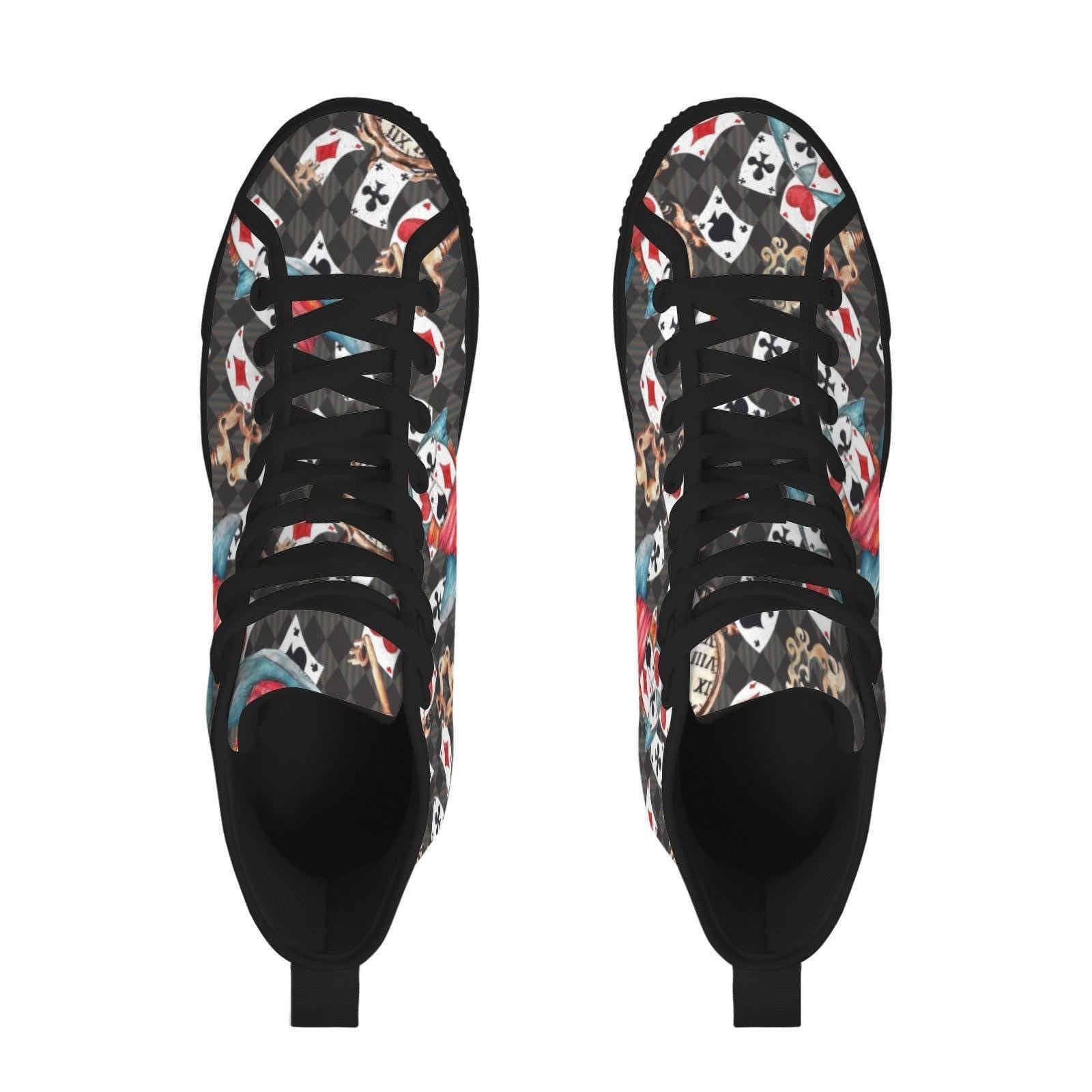 Playing Card High Top Sneakers, Wonderland Whimsical Canvas Shoes, Queen Hearts Lace Up