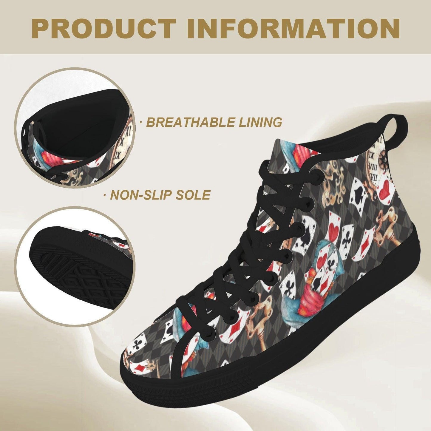 Playing Card High Top Sneakers, Wonderland Whimsical Canvas Shoes, Queen Hearts Lace Up