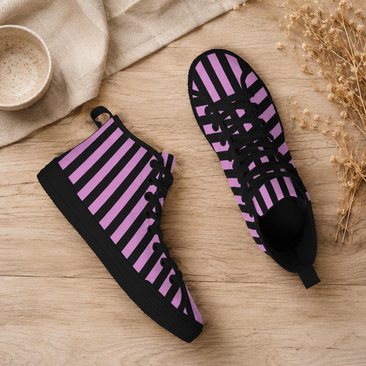 Purple Black Striped High Top Canvas Sneakers, Alt Streetwear Shoes