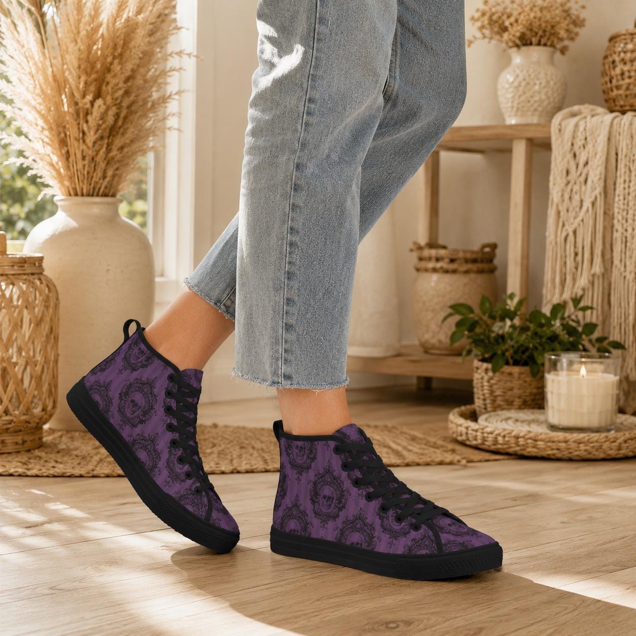 Purple Skull High Tops, Baroque Damask Print Lace Up Sneakers
