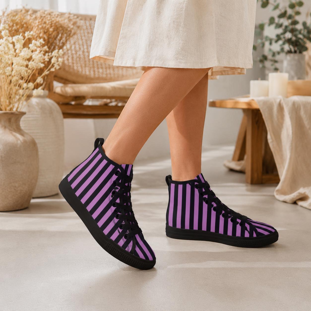 Purple Black Striped High Top Canvas Sneakers, Alt Streetwear Shoes