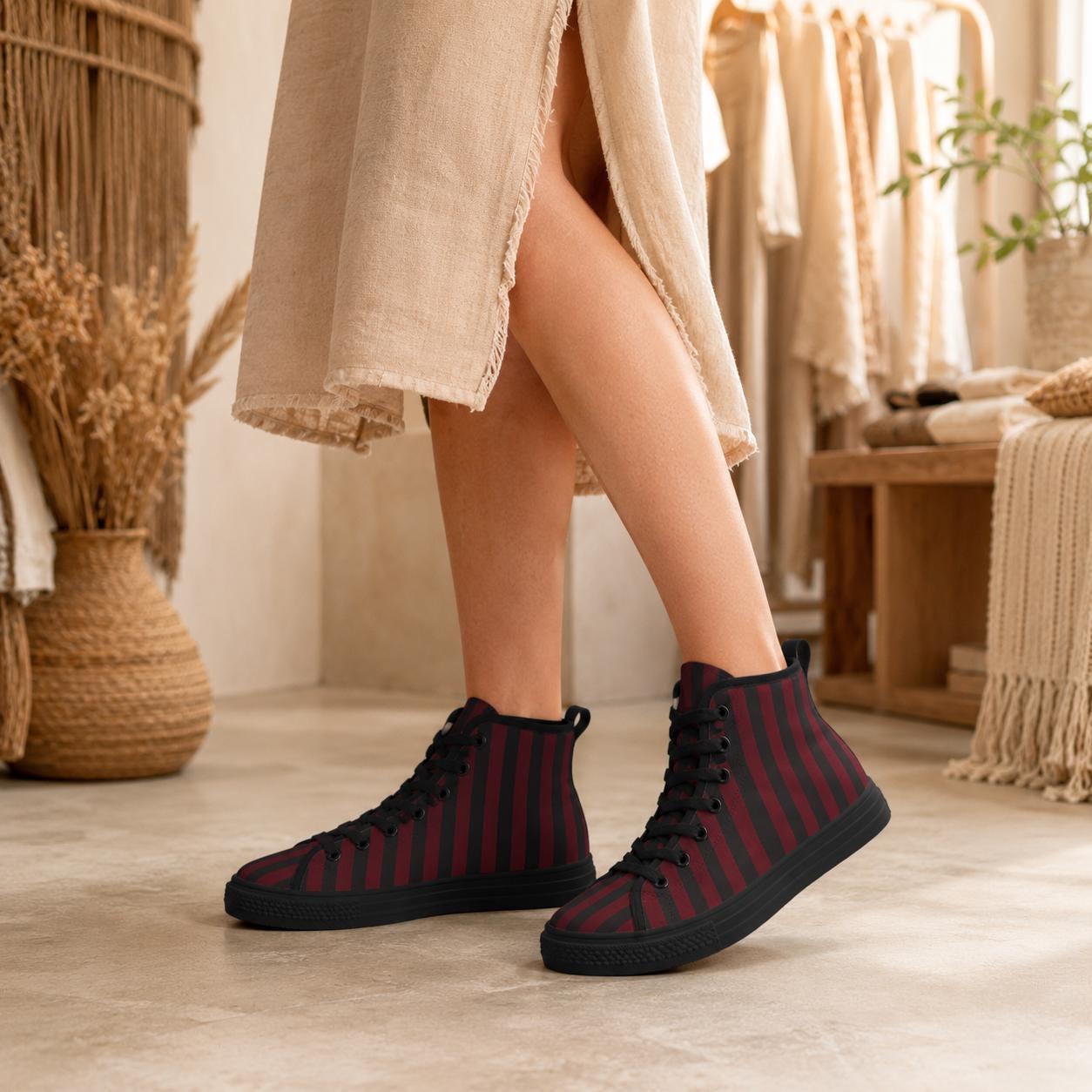 Burgundy Black Vertical Stripe High Tops, Dark Skater Canvas Sneakers