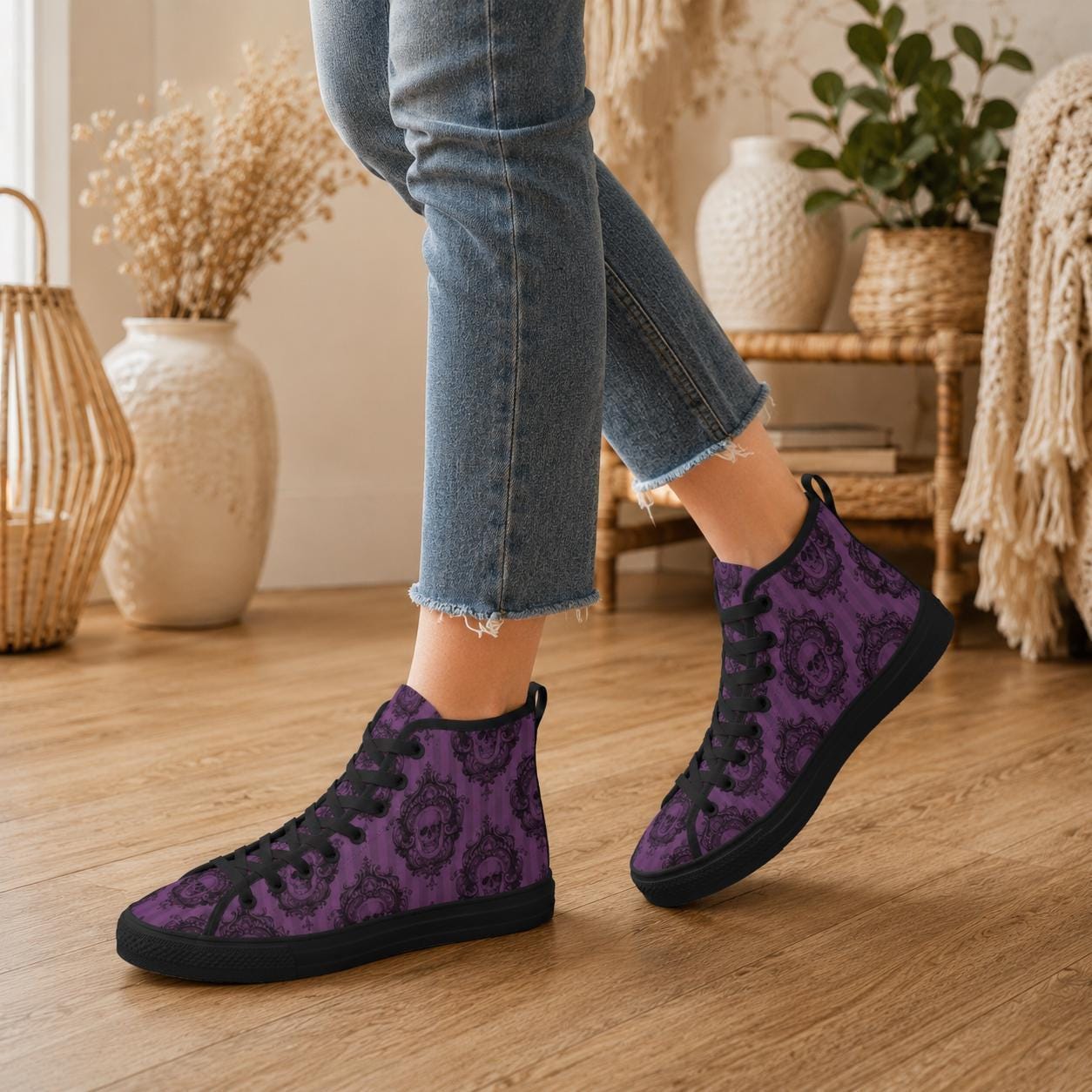 Purple Skull High Tops, Baroque Damask Print Lace Up Sneakers