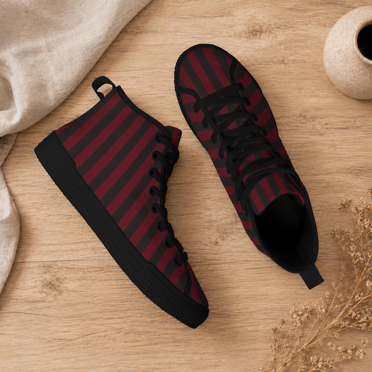 Burgundy Black Vertical Stripe High Tops, Dark Skater Canvas Sneakers