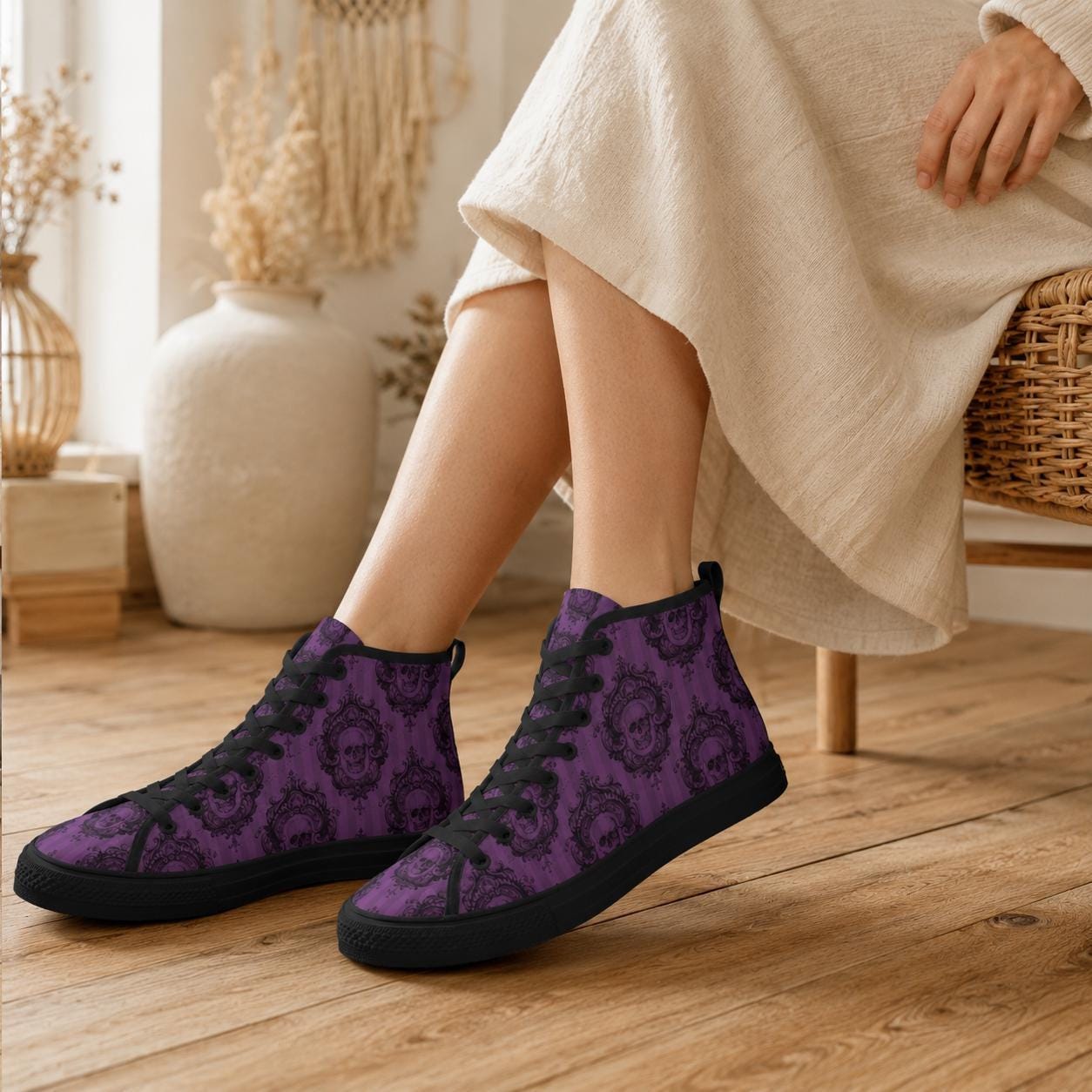 Purple Skull High Tops, Baroque Damask Print Lace Up Sneakers