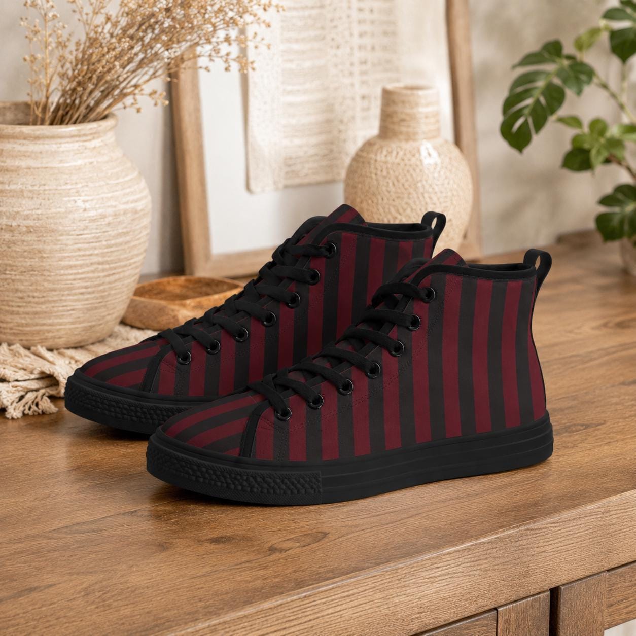 Burgundy Black Vertical Stripe High Tops, Dark Skater Canvas Sneakers