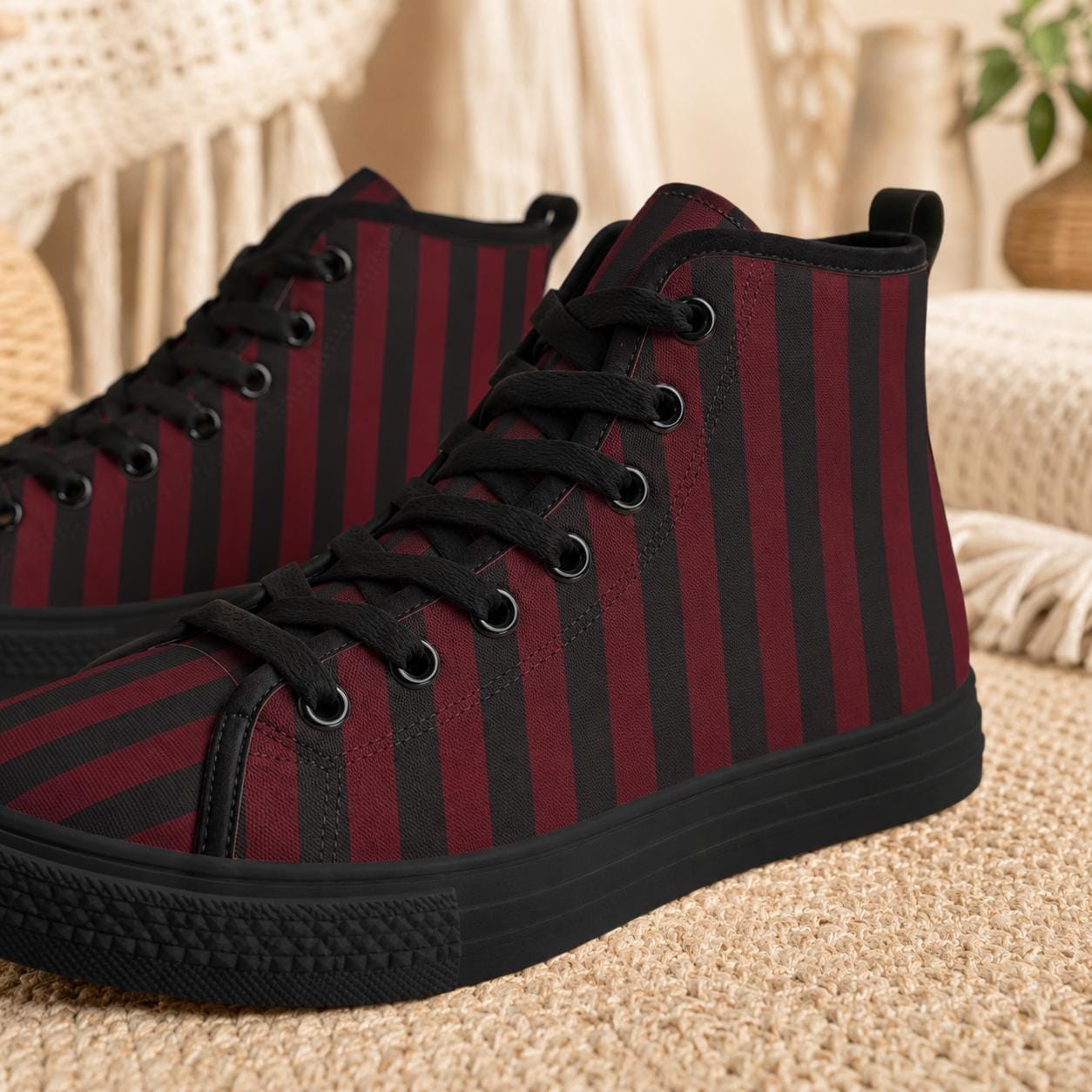 Burgundy Black Vertical Stripe High Tops, Dark Skater Canvas Sneakers