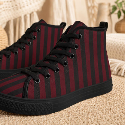 Burgundy Black Vertical Stripe High Tops, Dark Skater Canvas Sneakers