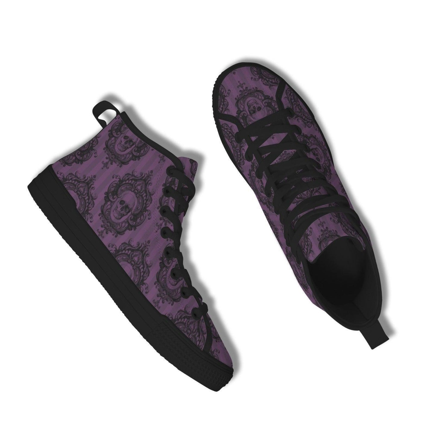 Purple Skull High Tops, Baroque Damask Print Lace Up Sneakers