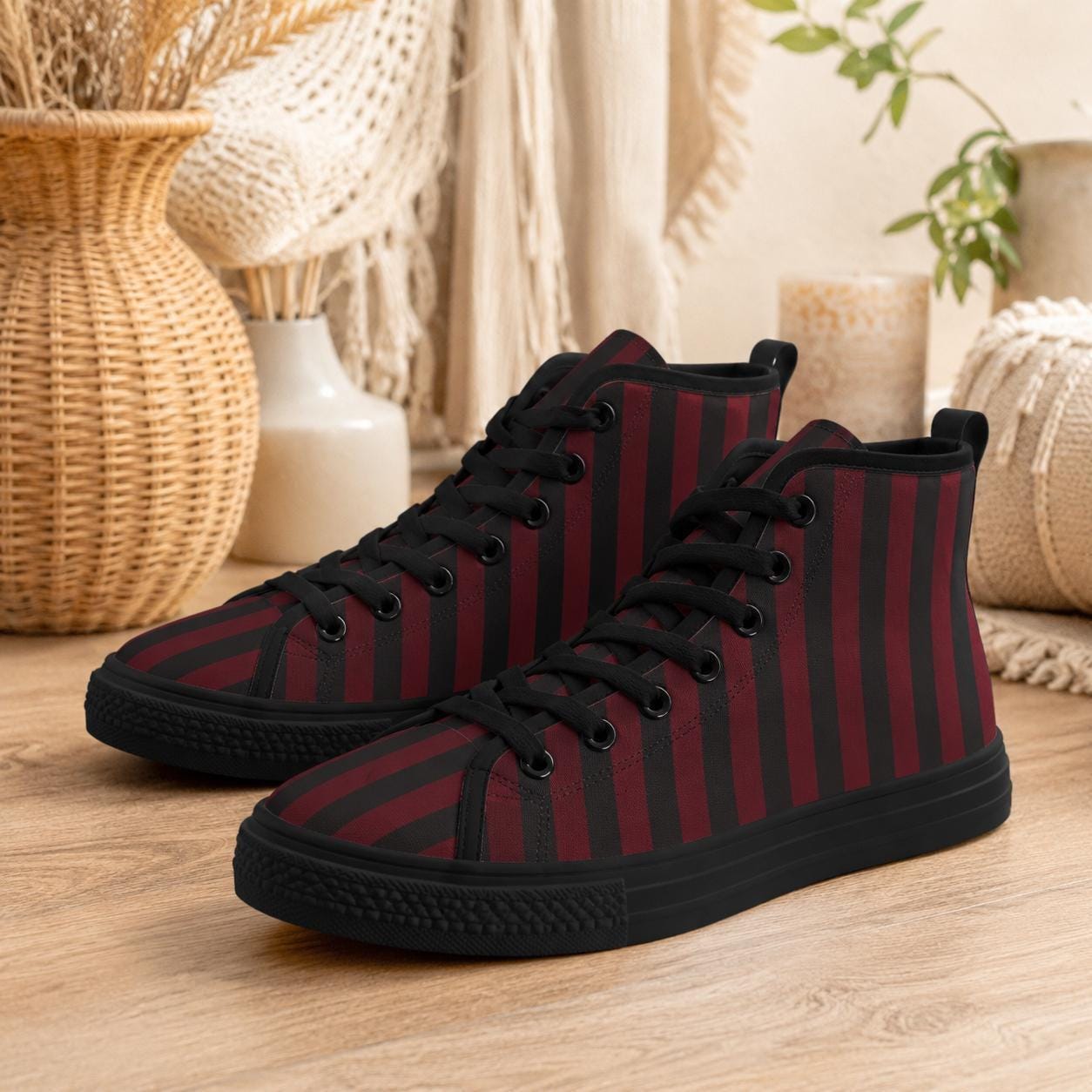 Burgundy Black Vertical Stripe High Tops, Dark Skater Canvas Sneakers