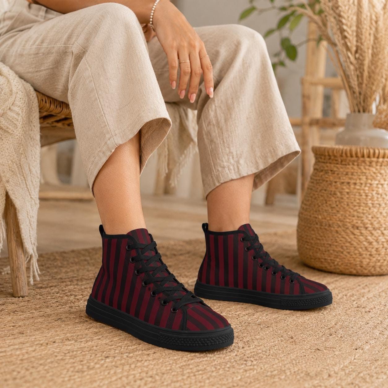 Burgundy Black Vertical Stripe High Tops, Dark Skater Canvas Sneakers