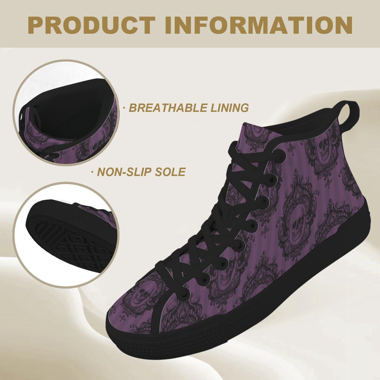 Purple Skull High Tops, Baroque Damask Print Lace Up Sneakers