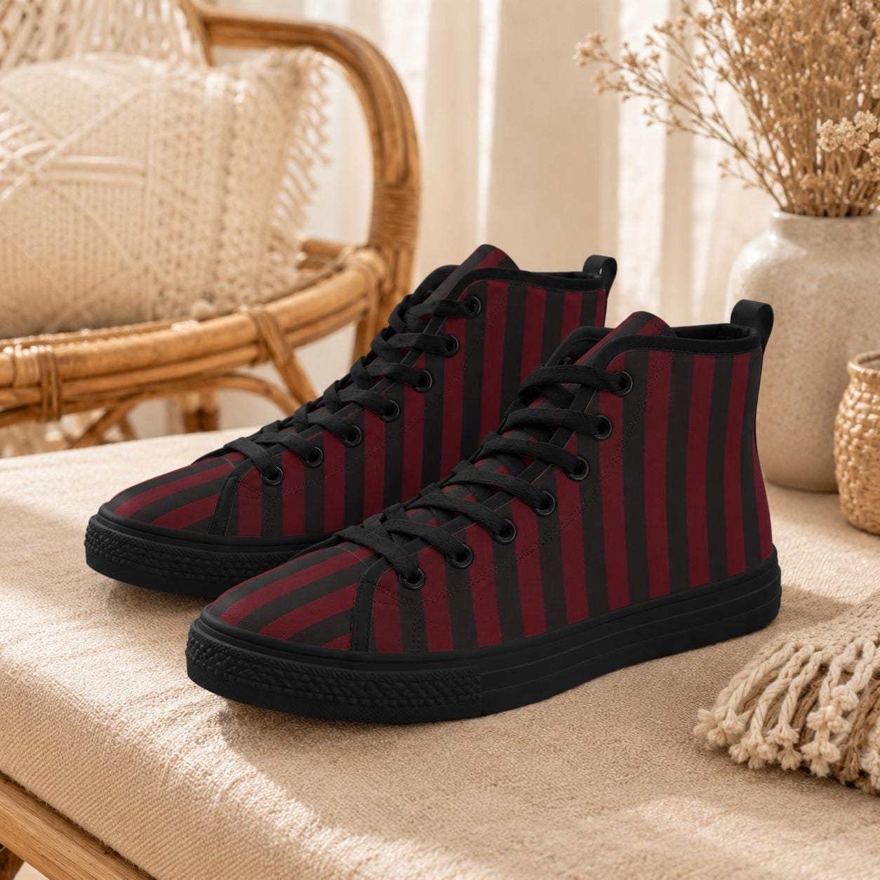 Burgundy Black Vertical Stripe High Tops, Dark Skater Canvas Sneakers