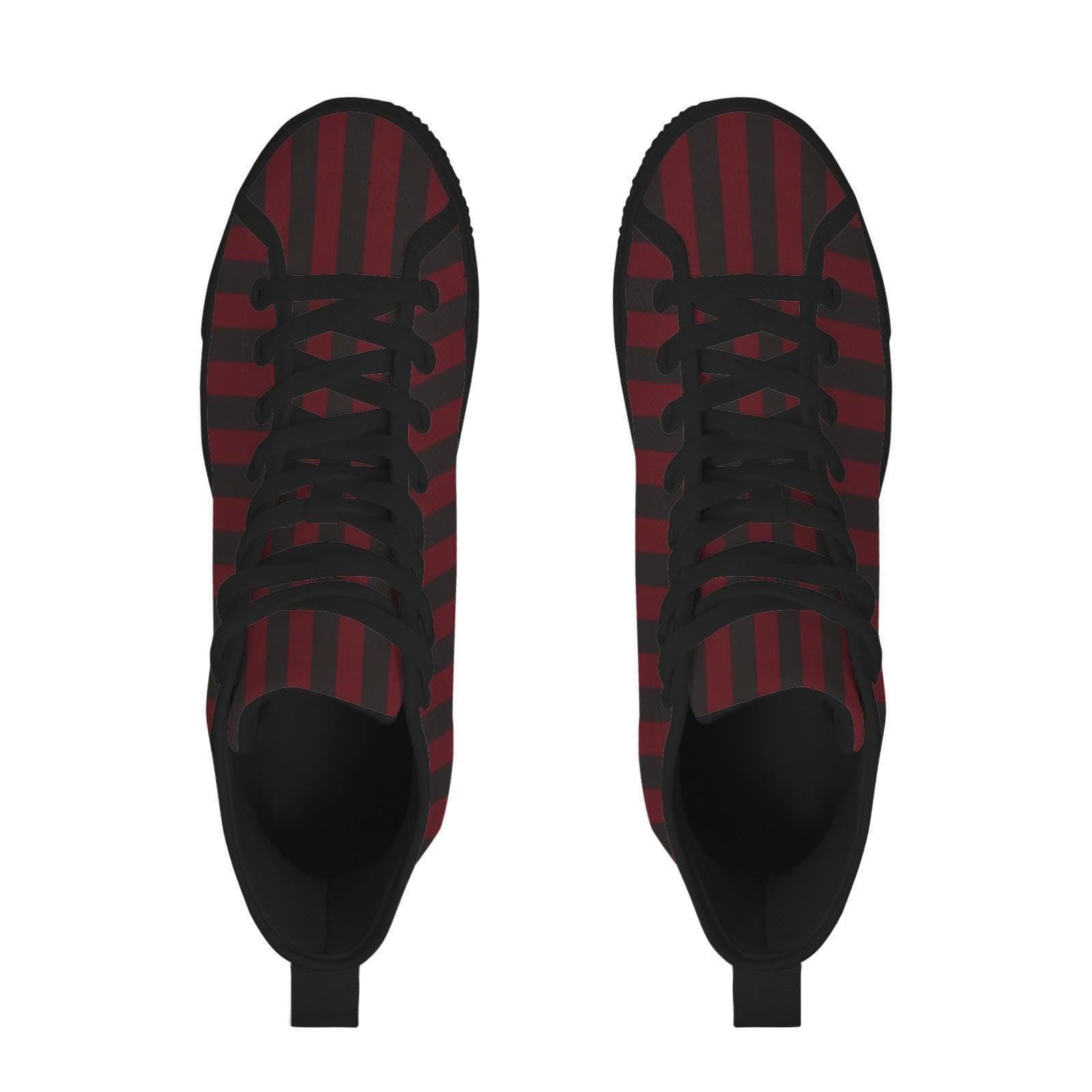 Burgundy Black Vertical Stripe High Tops, Dark Skater Canvas Sneakers