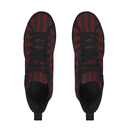 Burgundy Black Vertical Stripe High Tops, Dark Skater Canvas Sneakers