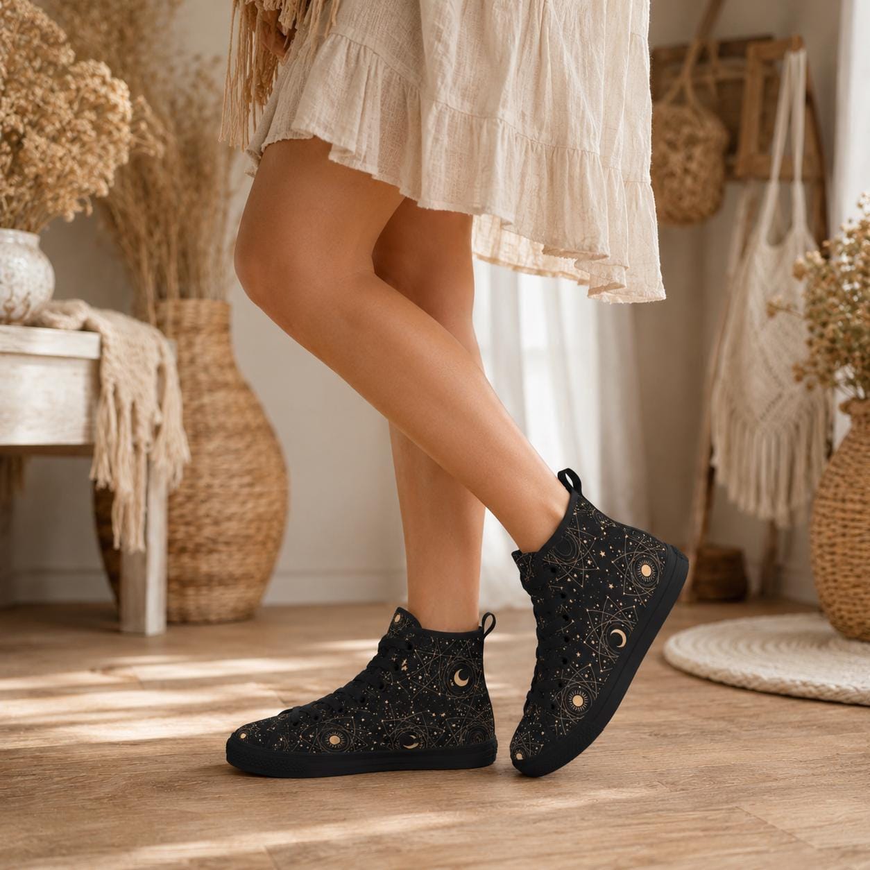Celestial High Top Sneakers, Black Moon Phase, Astrology Star Print Lace Up Shoes