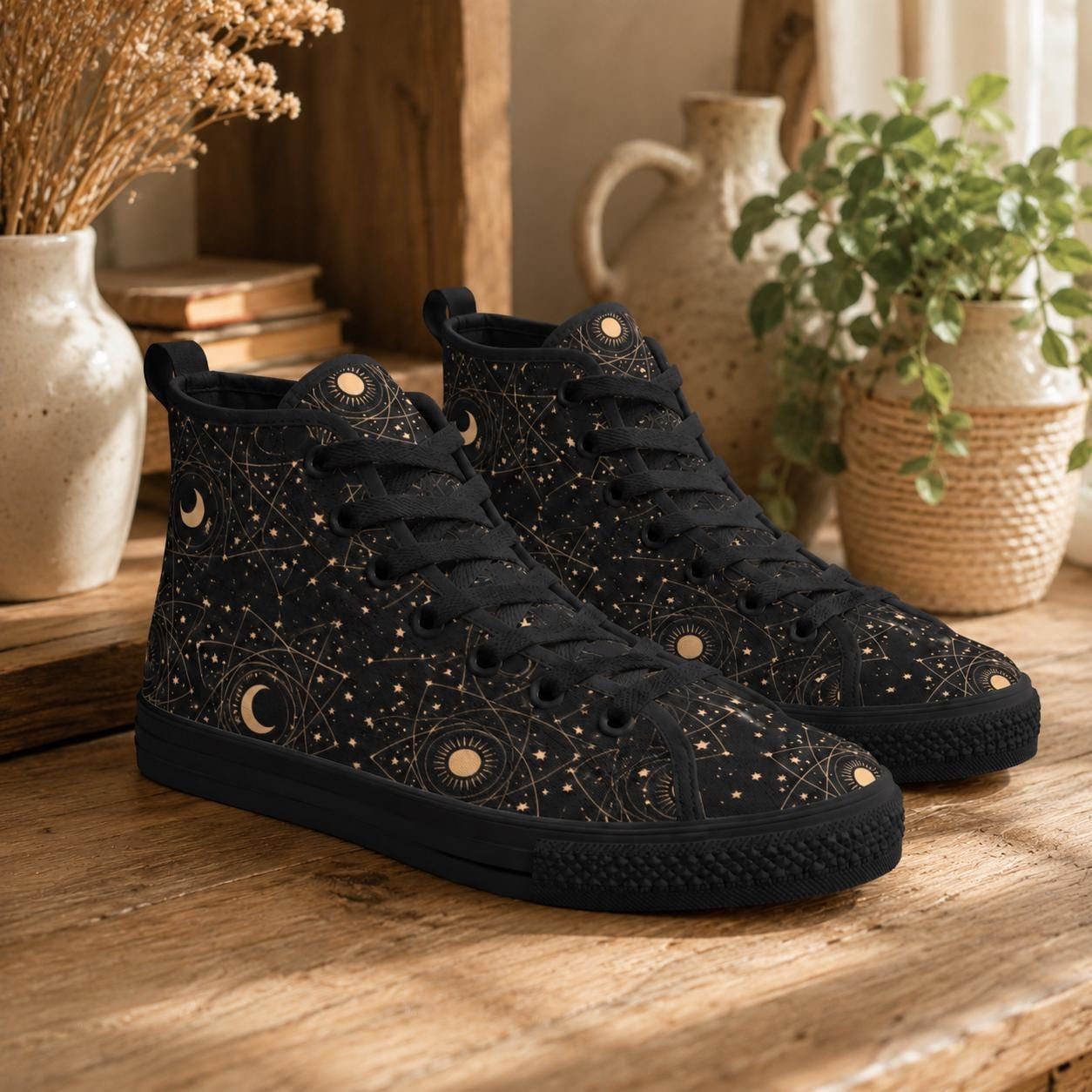 Celestial High Top Sneakers, Black Moon Phase, Astrology Star Print Lace Up Shoes