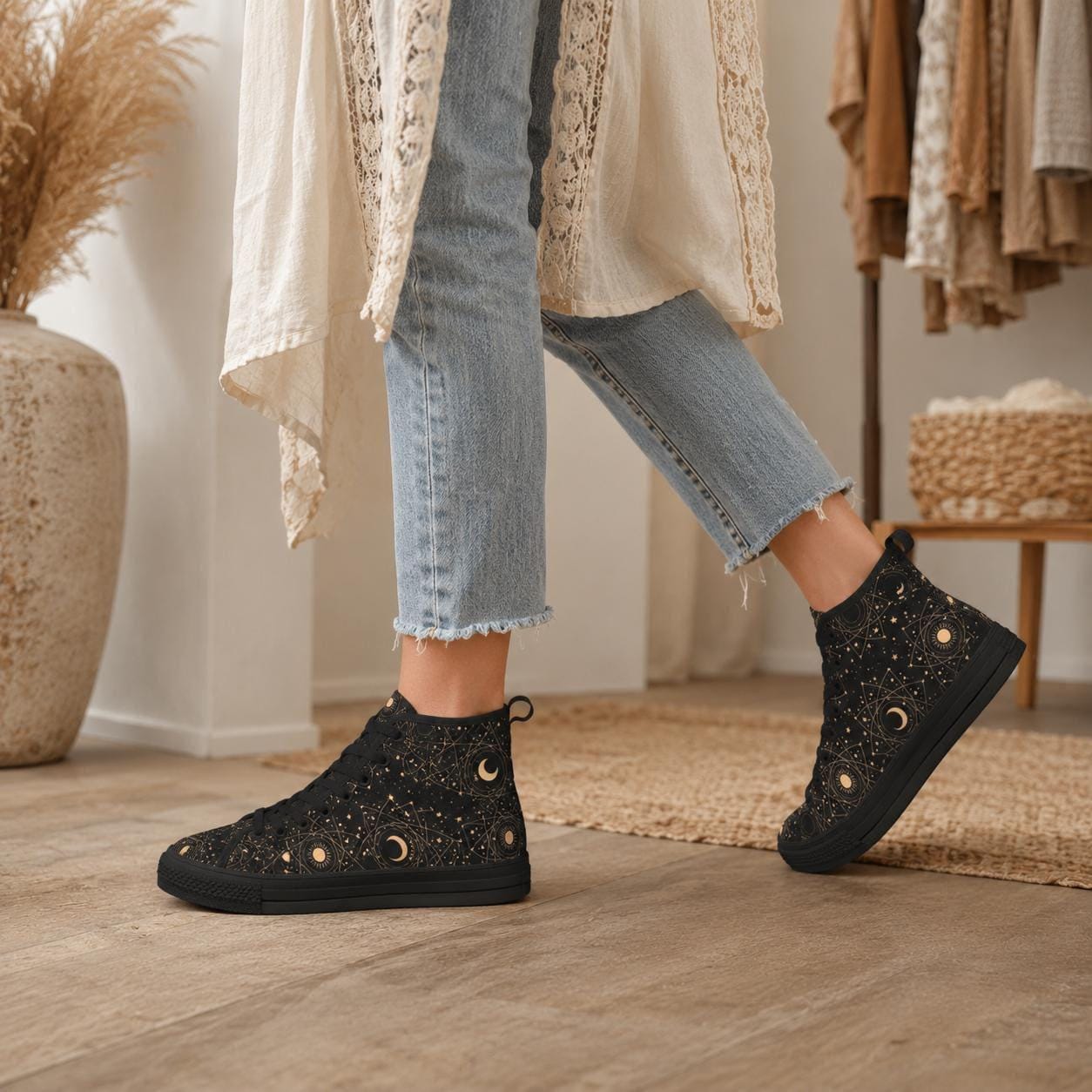 Celestial High Top Sneakers, Black Moon Phase, Astrology Star Print Lace Up Shoes