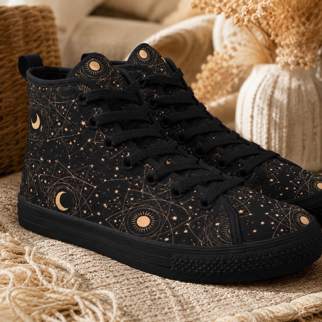 Celestial High Top Sneakers, Black Moon Phase, Astrology Star Print Lace Up Shoes