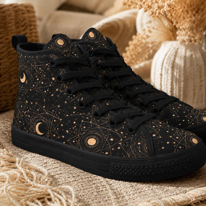 Celestial High Top Sneakers, Black Moon Phase, Astrology Star Print Lace Up Shoes