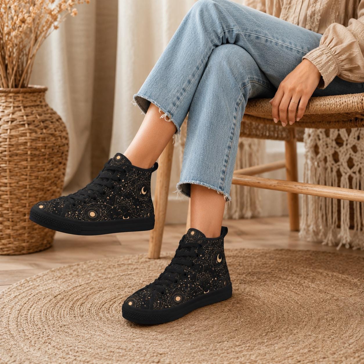 Celestial High Top Sneakers, Black Moon Phase, Astrology Star Print Lace Up Shoes