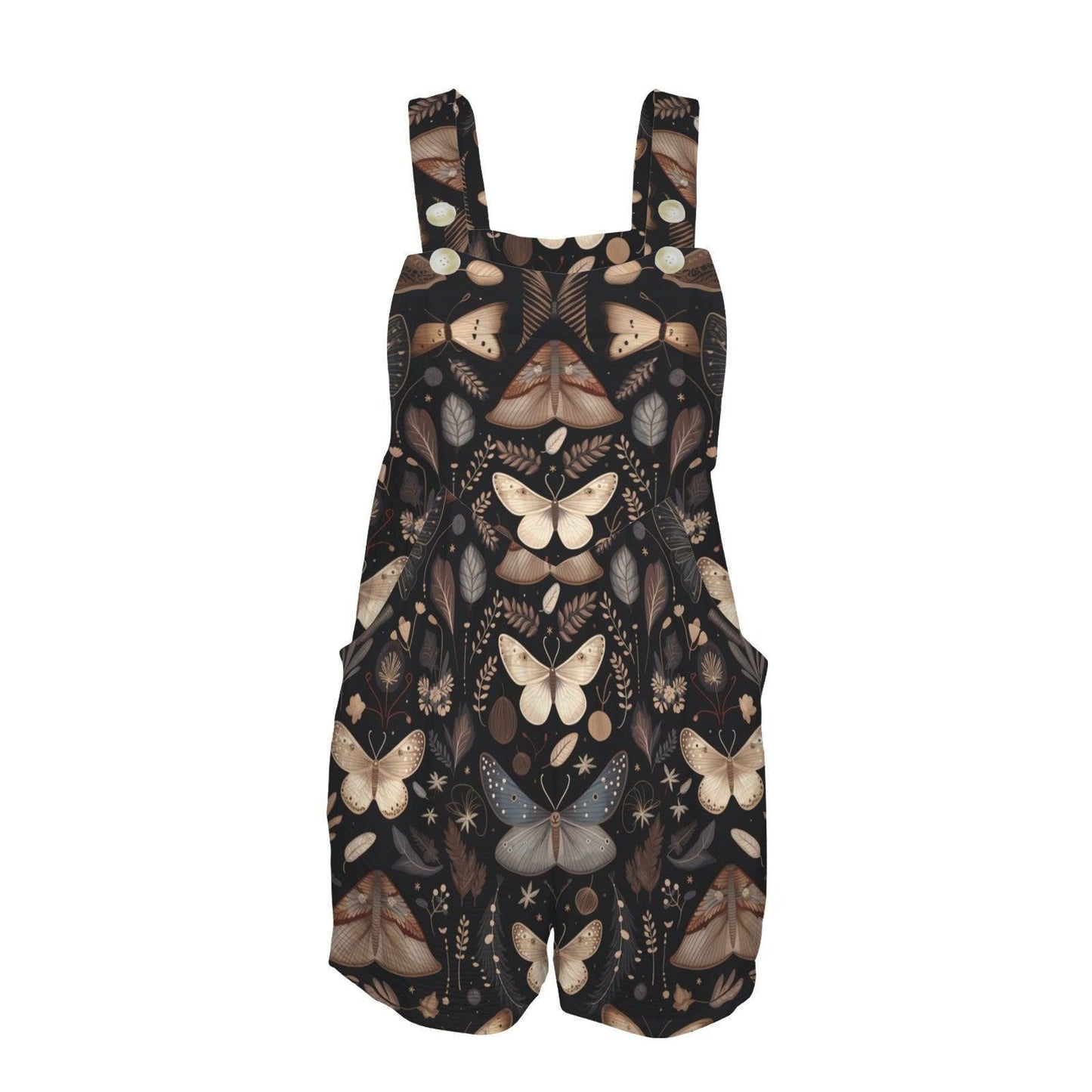 Dark Botanical Moth Print Short Romper, Button Strap Pockets Overall