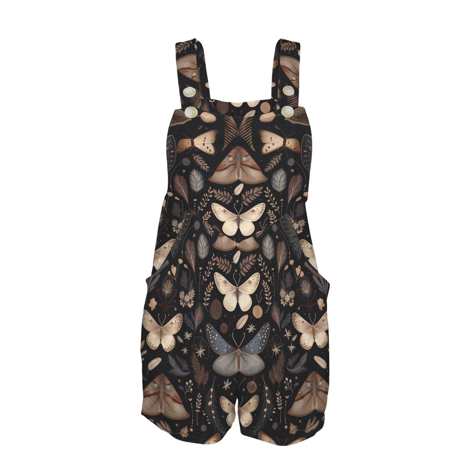 Dark Botanical Moth Print Short Romper, Button Strap Pockets Overall